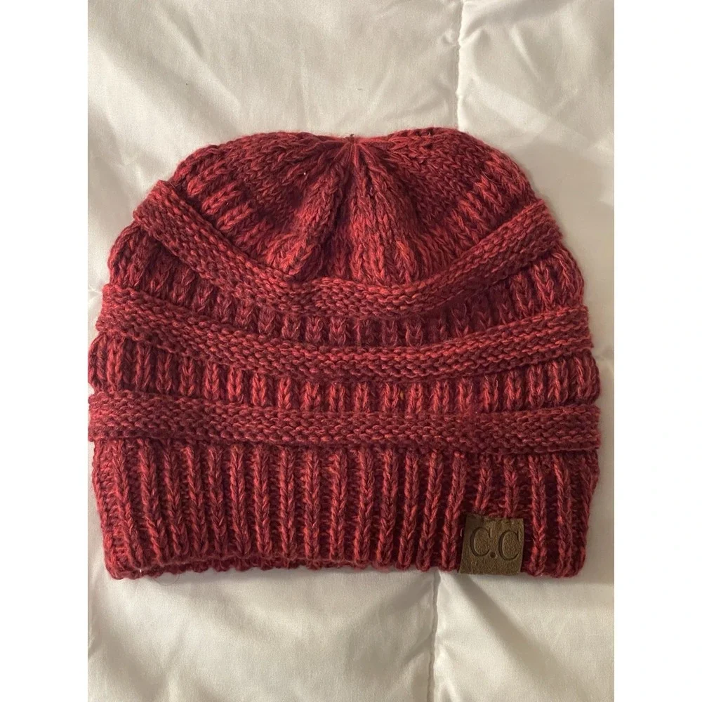 C.C Stretch Burgundy Cable Knit‎ Ribbed Super Soft Faux Fur Pom Pom Beanie Hat